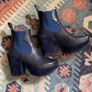 John Fluevog Blue Platform Chelsea Boot, size 6. Never worn. Made in Portugal